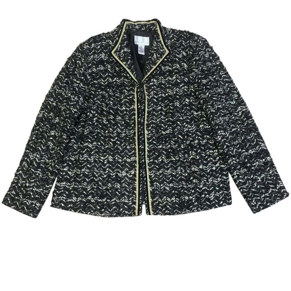 Susan Graver Boucle Jacket Black Ivory Velvet Trim Wool Blend Size XL